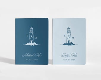 Personalized Lighthouse Vow Books Set, Nautical Wedding Ceremony Journals, Coastal His Hers Keepsake
