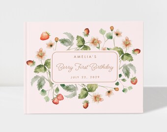 Berry First Birthday Memory Book Personalized, Strawberry 1st Party Well Wishes Signature Scrapbook, BB034