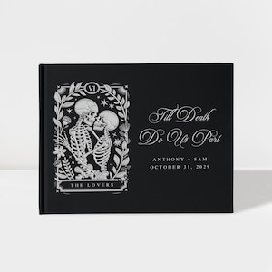 Gästebuch „Bis dass der Tod uns scheidet“, personalisiertes Halloween-Hochzeitsgästebuch, Erinnerungsstück mit Tarotkarten für Verliebte, verschiedene Farben, Design: A085
