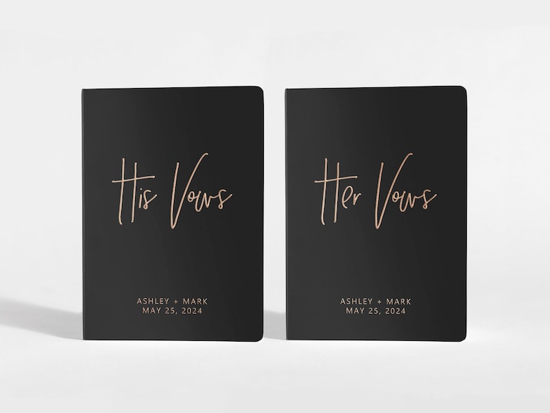 Vow Books Set of 2 Her Vows His Vows Black and Rose Gold Color Choices Available Design: A015 image 1