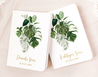 Vow Books Set of 2 | Her Vows His Vows | Tropical Leaves and Gold | Color Choices Available | Design: A027