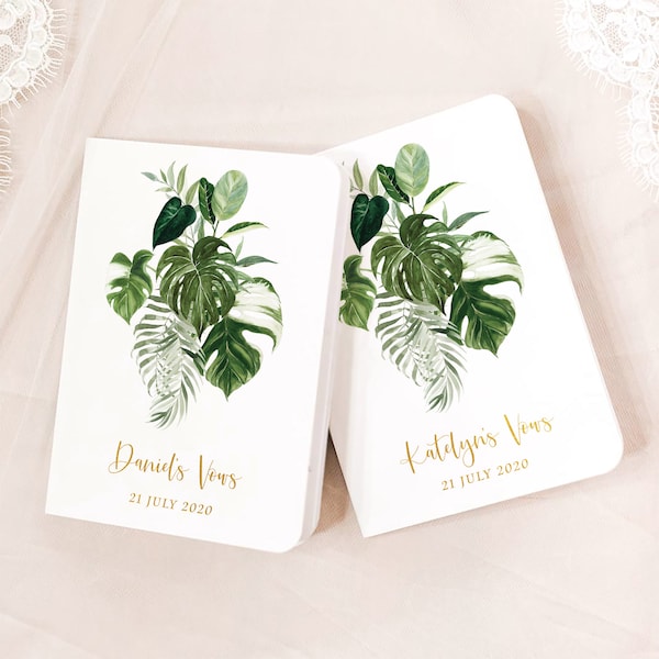 Vow Books Set of 2 | Her Vows His Vows | Tropical Leaves and Gold | Color Choices Available | Design: A027