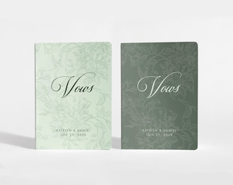 Personalized Wedding Vow Books, Floral Toile Design, Sage Green His Hers Keepsake Ceremony Journals | Color Choices Available | A090