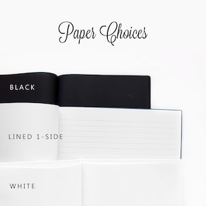 May include: An open notebook displays paper options: black, lined, and white. The text "Paper Choices" is written in elegant script above the notebooks. The lined paper has horizontal lines, while the other pages are blank.