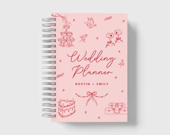 Wedding Planner Personalized | Retro Illustrated Wedding Planning Book | Blush & Red | Color Choices Available | 6 x 9 inches | Design: A074