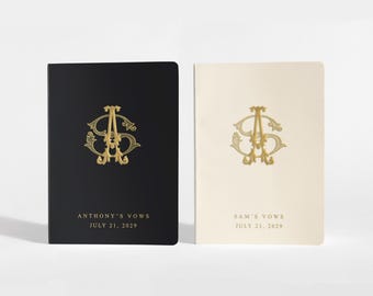 Ornate Monogram Wedding Vow Books | Elegant Logo Vows Booklets | Black, Cream and Gold Foil | Color Choices Available | Design: A083