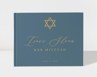 Libro de visitas personalizado con la Estrella de David para Bar Mitzvá, álbum de recuerdos judío azul y dorado personalizado