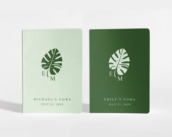 Personalized Tropical Vow Books Set, Customized Moss Green Wedding Keepsake Notebooks for Couples, A088