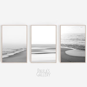 Set Of 3 Black White Ocean Prints, Beach Photography Set, Coastal Wall Art, Printable Digital Download, Seascape Decor, Shore Poster,