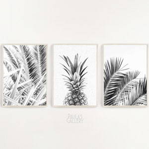 Set of 3 Palm Prints, Pineapple Set of 3 Wall Art, Black White Leaves Print, Tropical Print, Large Poster, Palm Photography, Home Decor Gift