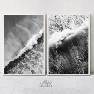 Set von zwei Wellen Drucke, Schwarz Weiß Ozean Poster, Surf Art Set von 2, digitaler Download, Meeresfotografie, Luftbild Sea Wall Art