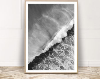 Surf Art Print, Black White Ocean Wall Art, Surf Poster, Wave Photography, Digital Download, Printable, Aerial Beach Photography