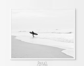 Schwarz weiß Brandung Fotografie, Brandung Kunstdruck, Brandung Wandkunst, druckbare Brandung Poster, Brandung Dekor, Küsten schwarz weiß Druck, Longboard Surfer
