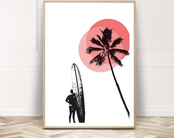 Póster de surf, impresión de arte de surf, decoración de pared de puesta de sol de palmera, ambiente de playa vintage imprimible, descarga digital, decoración deportiva de habitación para niños