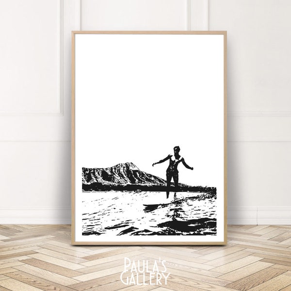 Surf Print, Surf Poster Hawaii, Beach Wall Art, The Duke Vintage Surf Photography, Black White Home Decor, Printable Digital Download