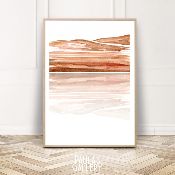 Verbrande oranje aquarel kunst aan de muur, woestijn afdrukbare schilderkunst, minimalistische landschapskunst, abstracte terracotta poster, moderne muur decor print