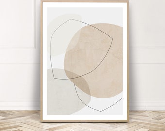May include: Abstract art print with overlapping beige and white shapes and thin black lines. The print is framed in a light wood frame.