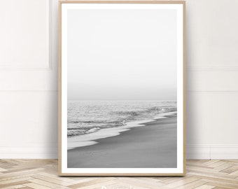 Fotografía de playa, impresión de playa, arte de la pared costera, cartel de la costa del océano blanco negro, impresiones digitales, decoración del hogar, descarga instantánea imprimible