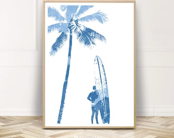 Surf Art Print, Vintage Surf Wall Art, Palm Tree Poster, Hawaiian Print, Tropical Ocean Surf Beach Home Decor, Printable Instant Download