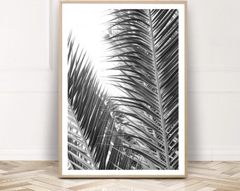 BW Palm Print Poster, Palm Tree Wall Art, Palm Leaf Photography, Printable Tropical Decor, Leaves Home Decor