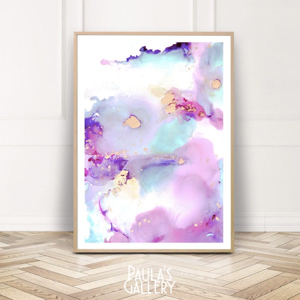 Blush Abstract Painting, Pink Violet Ink Print, Abstract Ink Wall Art, Abstract Ink poster, Alcohol Ink Printable, Gold Wall Decor