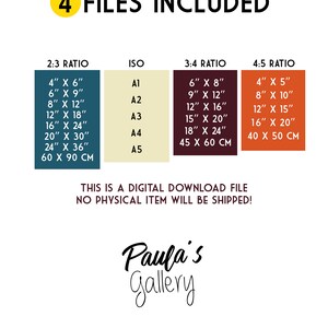 Op de afbeelding: Een grafiek die vier verschillende formaten van afdrukbare bestanden voor digitale downloads laat zien. De formaten worden in inches en centimeters weergegeven. De tekst "4 BESTANDEN INBEGREPEN" staat bovenaan de grafiek. De tekst "DIT IS EEN DIGITALE DOWNLOAD GEEN FY SIEK ITEM WORDT VERZONDEN!" staat in het midden van de grafiek. De tekst "Paula's Gallery" staat onderaan de grafiek.