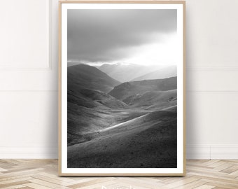 Cloudy Mountain Print, Black White Hills Wall Art, Valley Landscape Poster, Printable Wilderness Photography, Large Home Decor