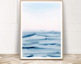 Blue Ocean Watercolor Print Wall Art, Abstract Watercolour Painting, Large Sea Wall Decor, Printable Digital Downoad