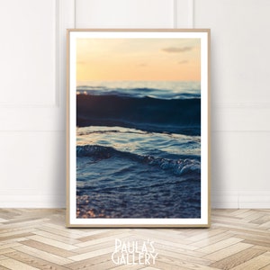 Ocean Sunset Photography, Waves PRINTABLE Art, Relaxing Coastal Print, Sea Wall Art Poster, Digital Download Wall Decor, Dark Blue Orange