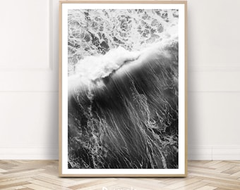 Surf Print, Aerial Surf Art, Ocean Photography Wall Art, Printable Black White Wave Poster, Coastal Art Decor, Digital Download