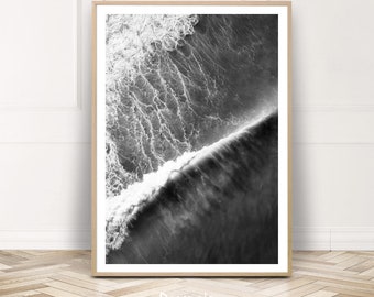 Fotografía oceánica, arte oceánico, impresión de olas, arte de pared de surf imprimible, decoración costera, cartel de playa, blanco negro, fotografía aérea