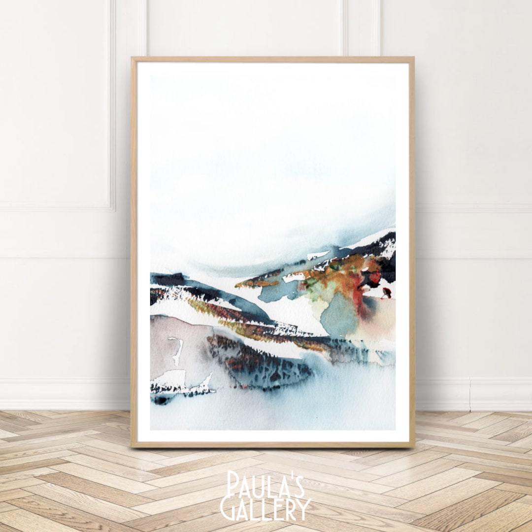 Blue Watercolor Print, Mountain Landscape Watercolor Painting, Simple