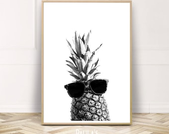 Pineapple Decor Wall Art, Black White Pineapple Print, Funny Pineapple Glasses Poster, Digital Prints, Funny Printable Home Decor