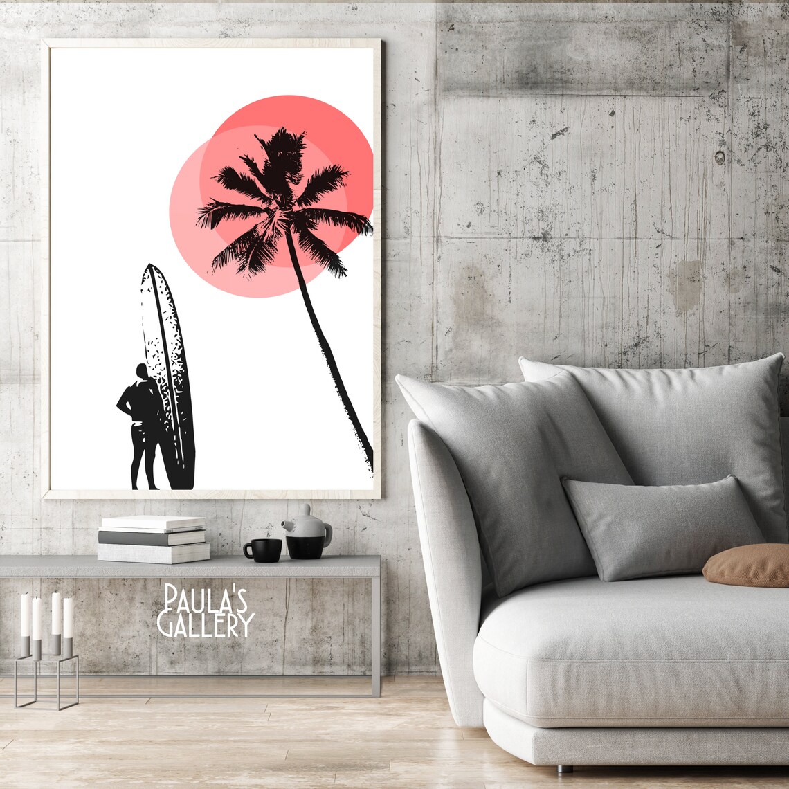 Surf Poster Surf Art Print Palm Tree Sunset Wall Decor Etsy