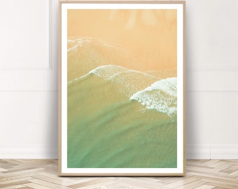 Flygfoto över stranden, havsaffisch, vågkonst, digitala tryck, kustfotografi, utskrivbar väggdekor
