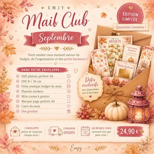 Puede incluir: Un gráfico promocional para la edición de septiembre del EMJY Mail Club que muestra un sobre marrón lleno de papelería con temática otoñal, incluyendo tarjetas, pegatinas y marcapáginas, junto a una calabaza blanca y un farol rosa.