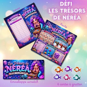 Peut inclure: Un jeu de défi budget intitulé Les Trésors de Néréa avec une illustration de sirène, un tableau de suivi, des sections à gratter et six petites cartes à gratter en forme de poisson. Le design présente des thèmes sous-marins bleu foncé avec du corail coloré, des coffres au trésor et des créatures marines.