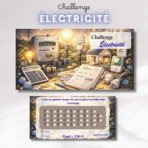 Op de afbeelding: Illustratie met de tekst "Challenge Électricité" met een meter, rekenmachine, gloeilampen en een huis met zonnepanelen. Een tweede afbeelding toont een spaaruitdaging met een totaal van 250€.