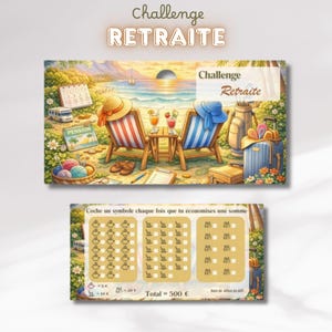 Peut inclure: Illustration colorée d'un défi d'épargne pour la retraite. L'image présente une scène de plage avec des chaises longues, des boissons et des bagages. Le texte "Challenge RETRAITE" est affiché en haut. La section inférieure montre un suivi d'épargne avec un objectif total de 500€.