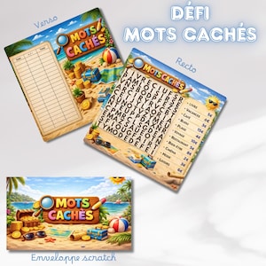 Può includere: Un colorato gioco di ricerca di parole con il titolo "MOTS CACHÉS" in francese. Il gioco presenta un tema spiaggia con illustrazioni di forzieri, monete e un pallone da spiaggia. Il gioco include un recto e un verso e una busta da grattare.
