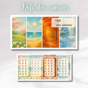 Peut inclure: Une carte de défi d'épargne colorée avec quatre illustrations de paysages saisonniers : printemps, été, automne et hiver. La carte comprend une section pour suivre l'épargne, avec le texte "Total = 360€". Le titre "Defi des saisons" est affiché.