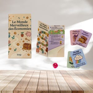 Défi budget plateau de jeu Le monde merveilleux des économies + 4 cartes et dé a jouer (format enveloppe A6)