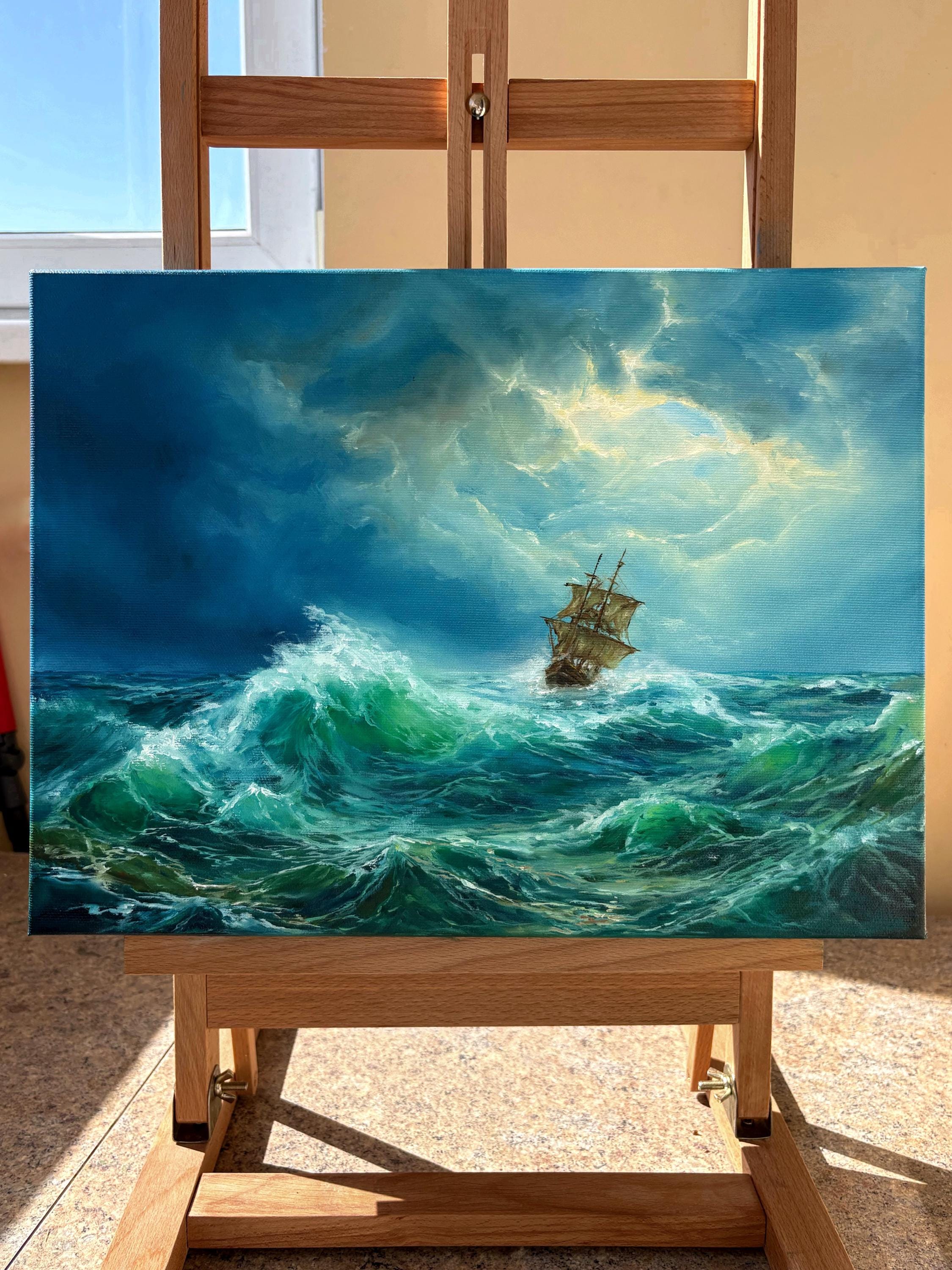Pintura al óleo original sobre lienzo 3D del océano en tormenta con barco en colores turquesa
