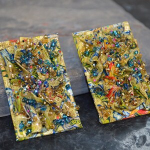 Art Paper and Glass Beads Post Earrings, Paper Earrings, Yellow earrings, Green earrings, Rectangle Earrings, seed beads, 58472