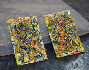 Kunstpapier und Glasperlen Post Ohrringe, Papier Ohrringe, Gelbe Ohrringe, Grüne Ohrringe, Rechteck Ohrringe, Saatperlen, 58472