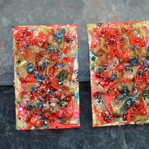 Art Paper and Glass Beads Post Earrings, Paper Earrings, Red, Yellow, Blue, Rectangle Earrings, Floral backs, 58471
