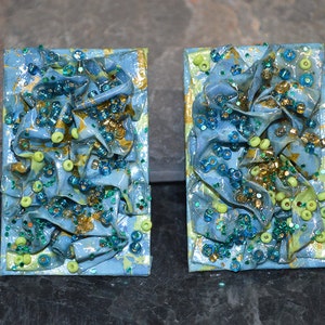 Art Paper and Glass Beads Post Earrings, Paper Earrings, Blue earrings, Yellow, Gold, Rectangle Earrings, Funky Earrings 58469