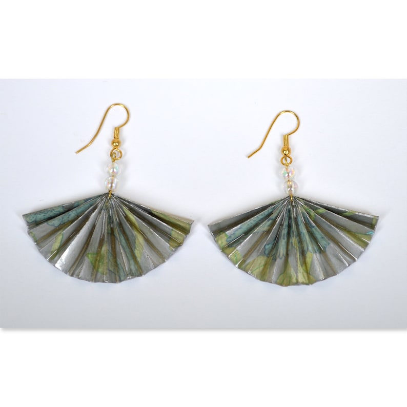 Paper Fan Earrings, Origami Earrings, Glass Beads, Art Paper, Grey