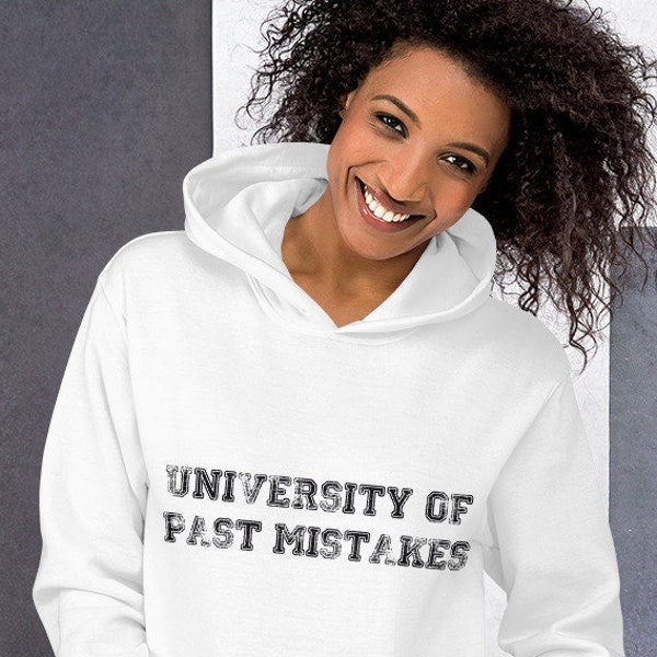 Unisex Hooded Sweatshirt | BLACK Letters Collegiate Design University of Past Mistakes | Men Women Autumn Fall Winter Apparel College