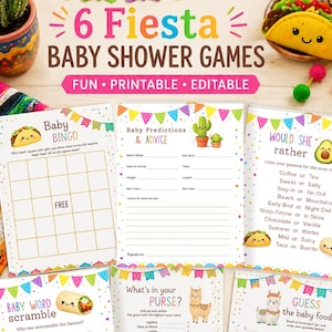 May include: A set of six printable baby shower game cards featuring a colorful fiesta theme with illustrations of tacos, cacti, avocados, and llamas. The cards include Baby Bingo, Baby Predictions and Advice, and Would She Rather games.